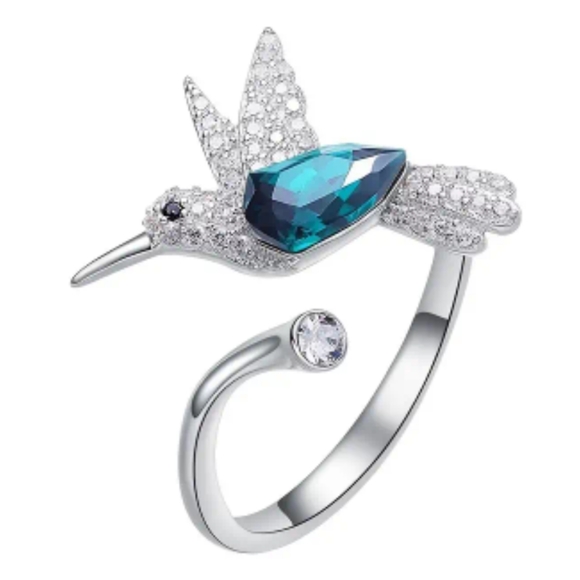 925 Sterling Silver Plated Alloy CZ Hummingbird Opens Ring - Picture 2 of 6